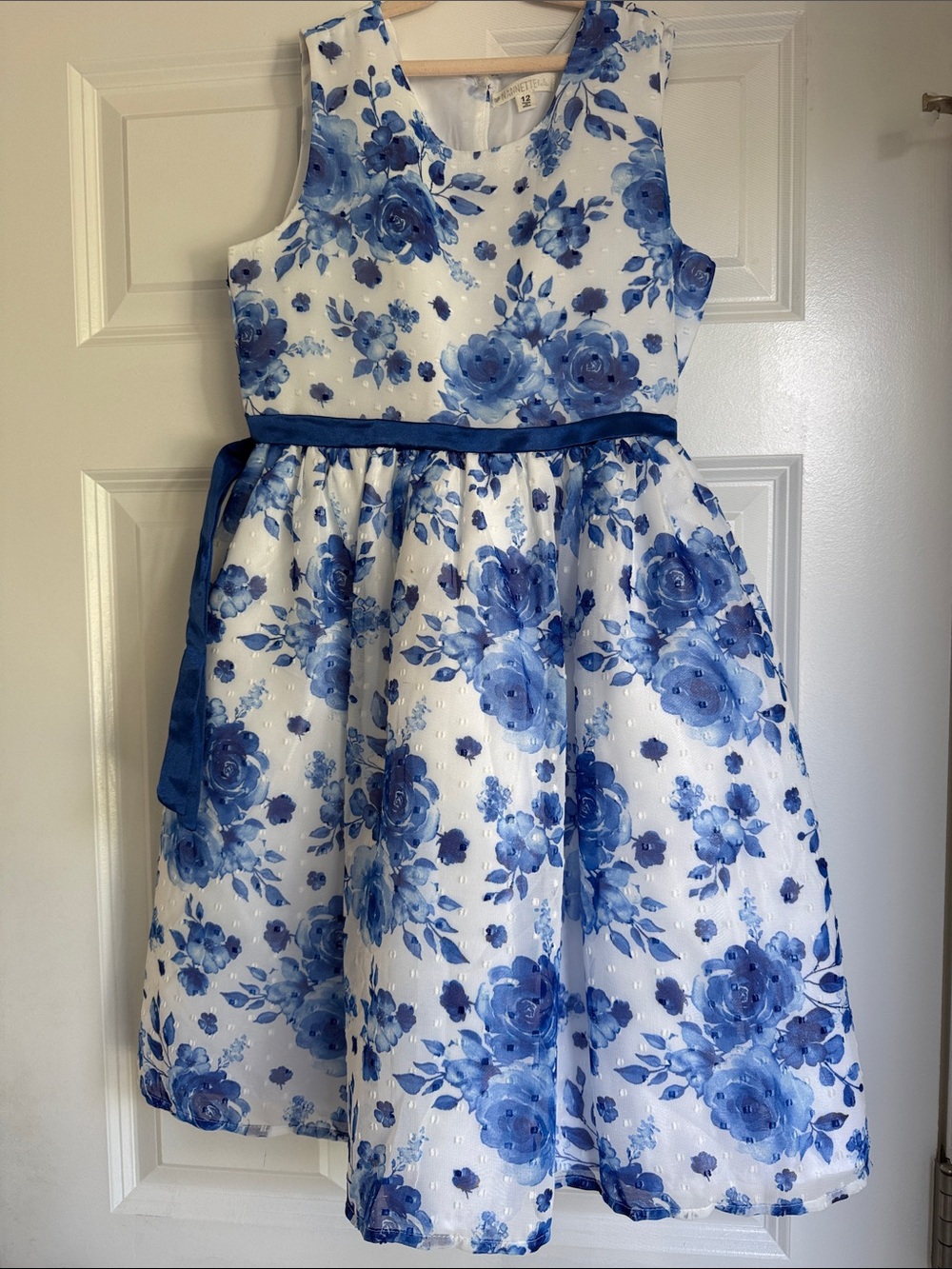 Blue Floral Satin Ribbon Party Dress for Girls
